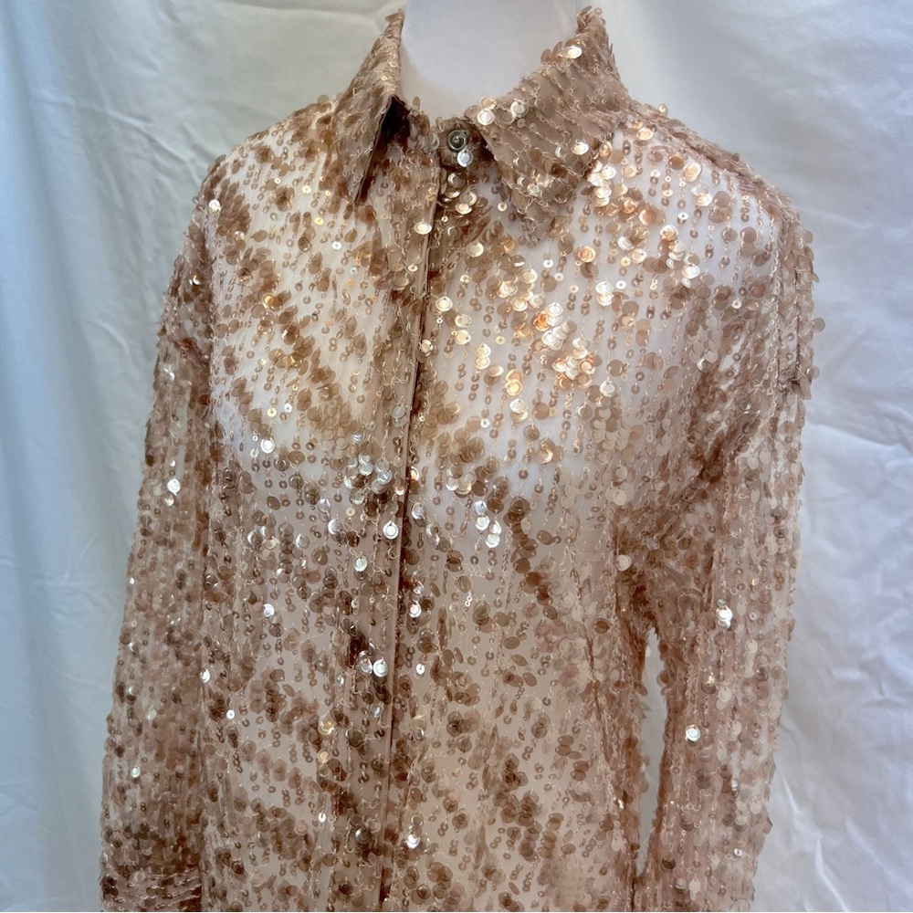 ZARA rose gold sequin collared duster with snap-up front. - Picture 3 of 15